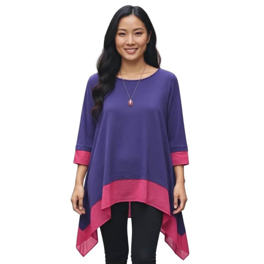 Iman Global Purple Pink Poncho. SZ Med. Handkerchief Hem. Layering. Fun. Bright
